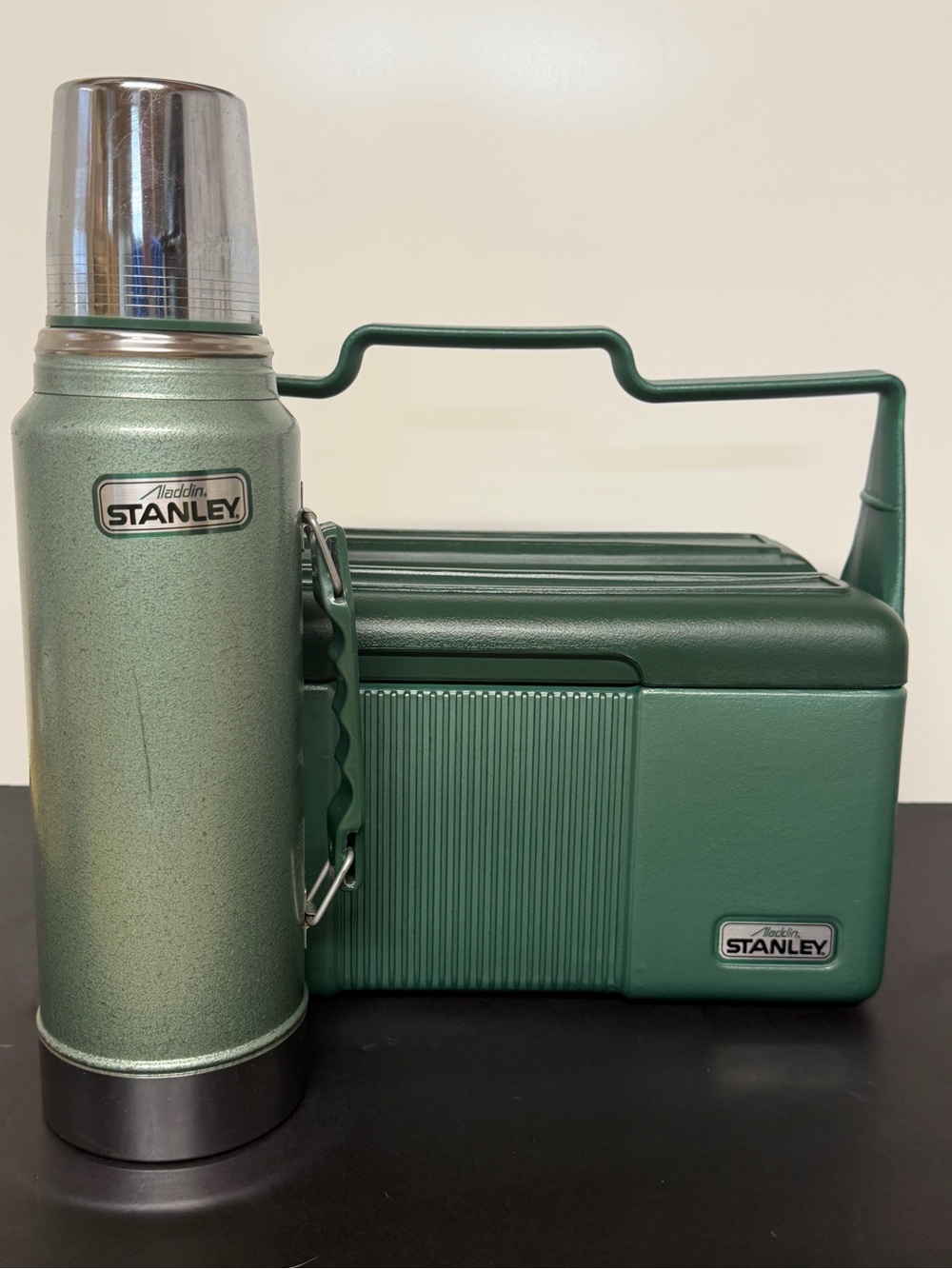 Vintage 1991 Stanley Aladdin Green Metal Thermos and Green Lunchbox Set